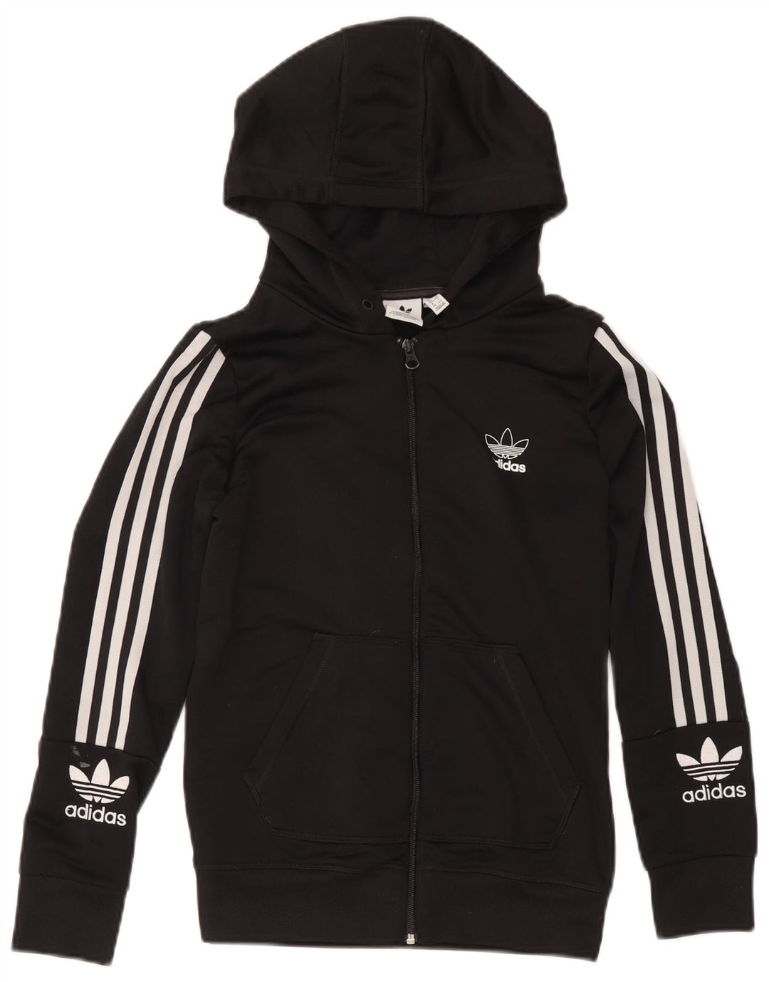 Adidas - Sudadera con capucha para mujer con cremallera gráfica, talla 40, poliéster negro mediano