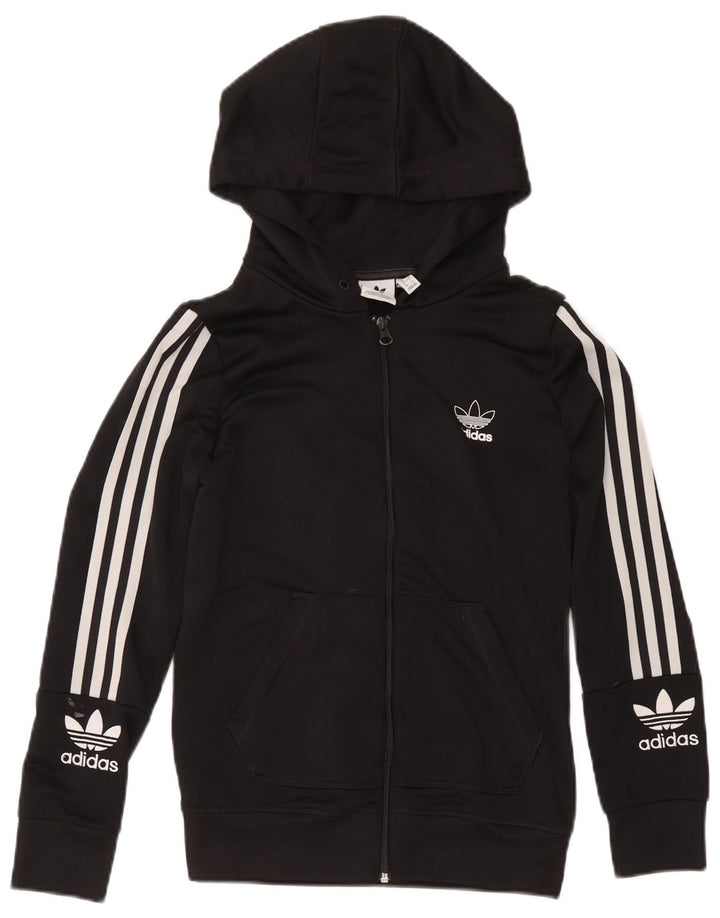 Adidas - Sudadera con capucha para mujer con cremallera gráfica, talla 40, poliéster negro mediano