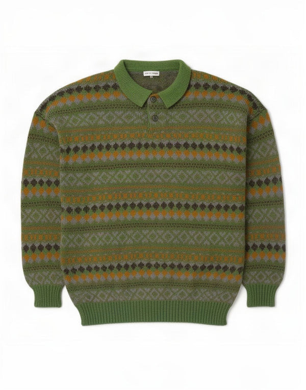 Vintage hombres polo cuello jersey suéter medio verde feria isla lana