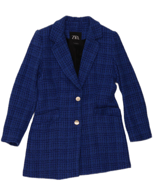 Zara Chaqueta Blazer De 2 Botones para Mujer UK 10 Small Blue Check Cotton