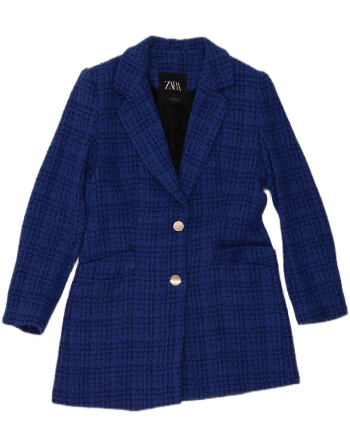 Zara Chaqueta Blazer De 2 Botones para Mujer UK 10 Small Blue Check Cotton