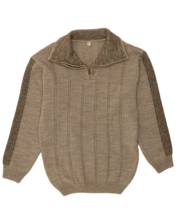 Vintage hombres zip cuello jersey suéter Reino Unido 38 medio caqui moteado poliacrílico
