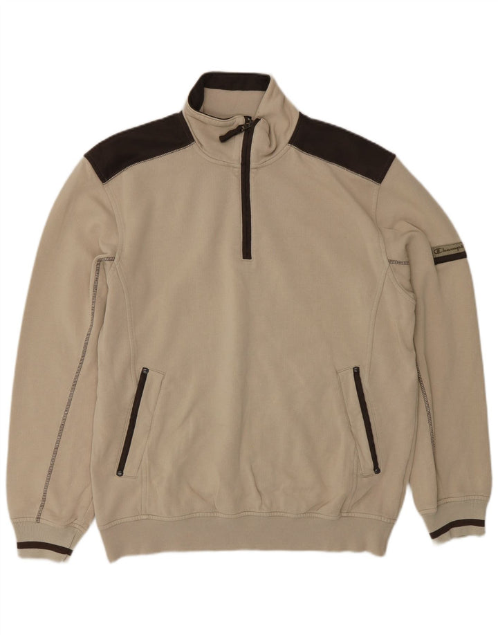 CHAMPION Sudadera con cuello y cremallera para hombre Jumper Large Beige Colorblock Cotton