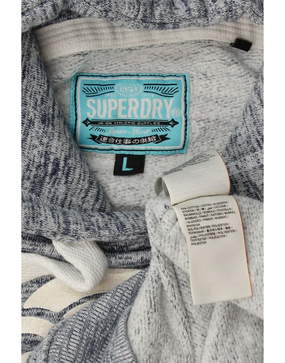 SUPERDRY Jersey con capucha gráfica para mujer Reino Unido 46 Grande Algodón moteado azul marino