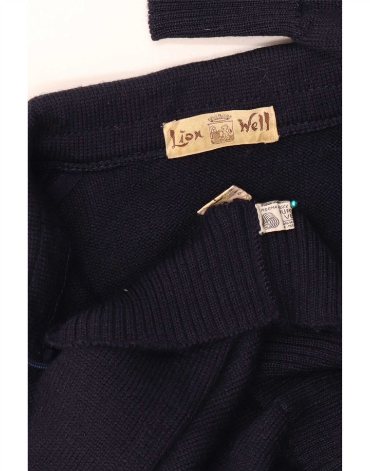 Vintage hombres completo zip cardigan suéter grande azul marino lana