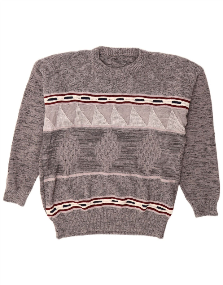 VINTAGE Hombres Crew Neck Jumper Suéter Grande Gris Geométrico