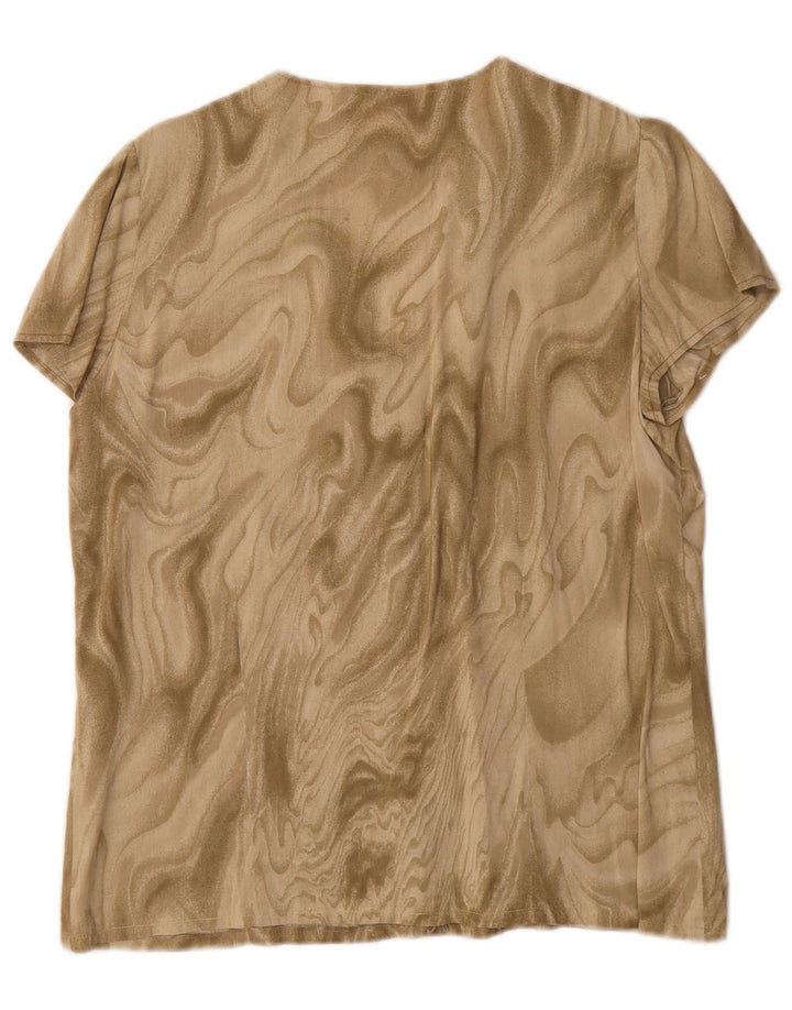 Vintage mujeres patrón abstracto manga corta camisa blusa Reino Unido 16 grande caqui