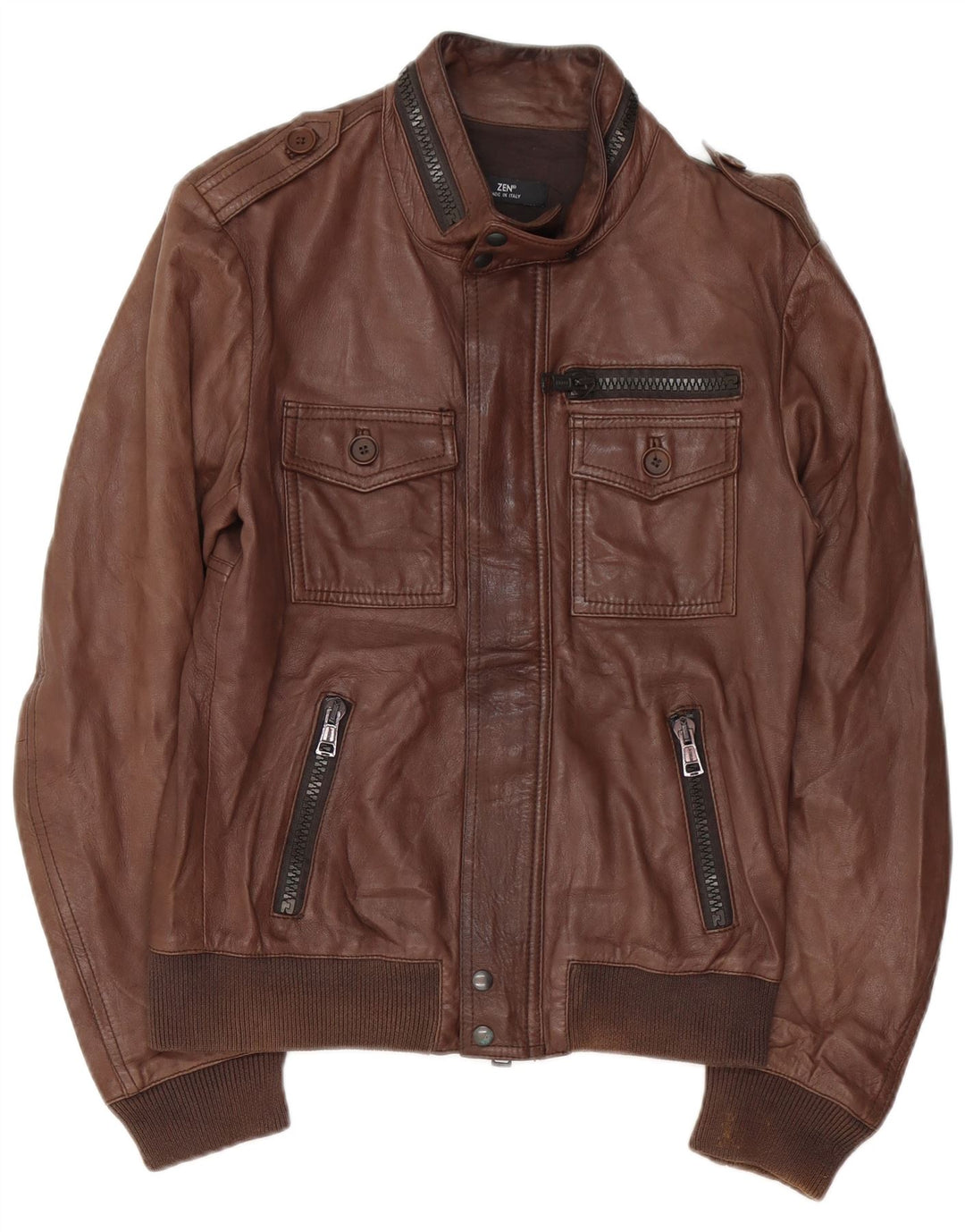 Chaqueta de cuero militar Zen para hombre IT 48 Cuero marrón medio