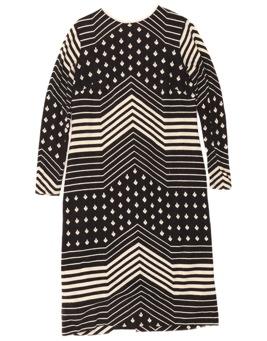 Vintage mujer manga larga cambio vestido Reino Unido 12 medio negro geométrico