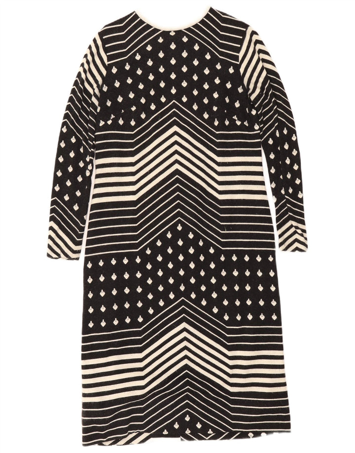 Vintage mujer manga larga cambio vestido Reino Unido 12 medio negro geométrico