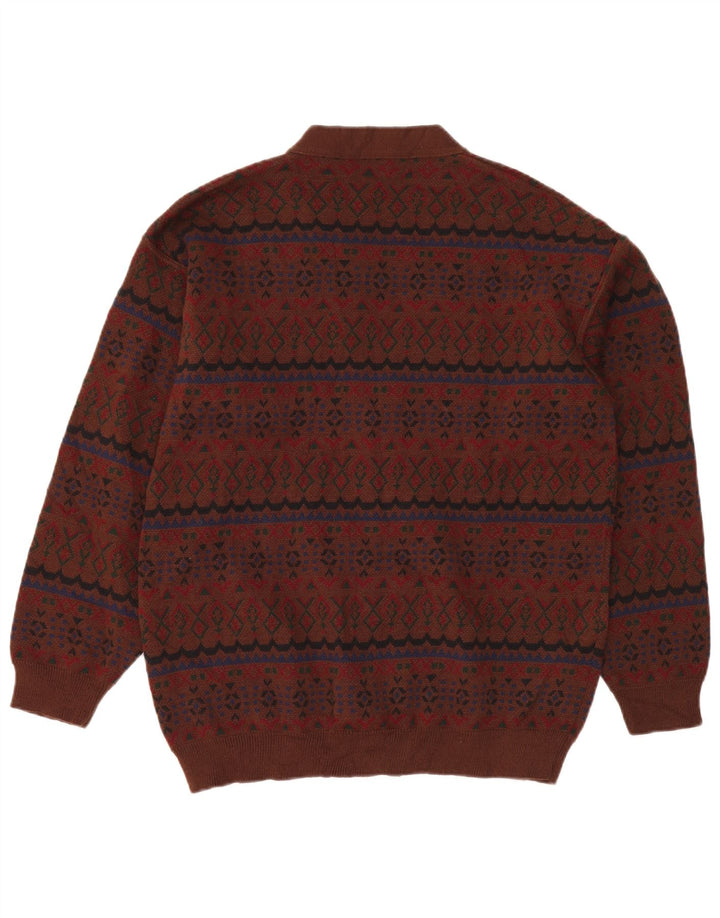 VINTAGE Hombres Cardigan Suéter XL Marrón Fair Isle Acrílico