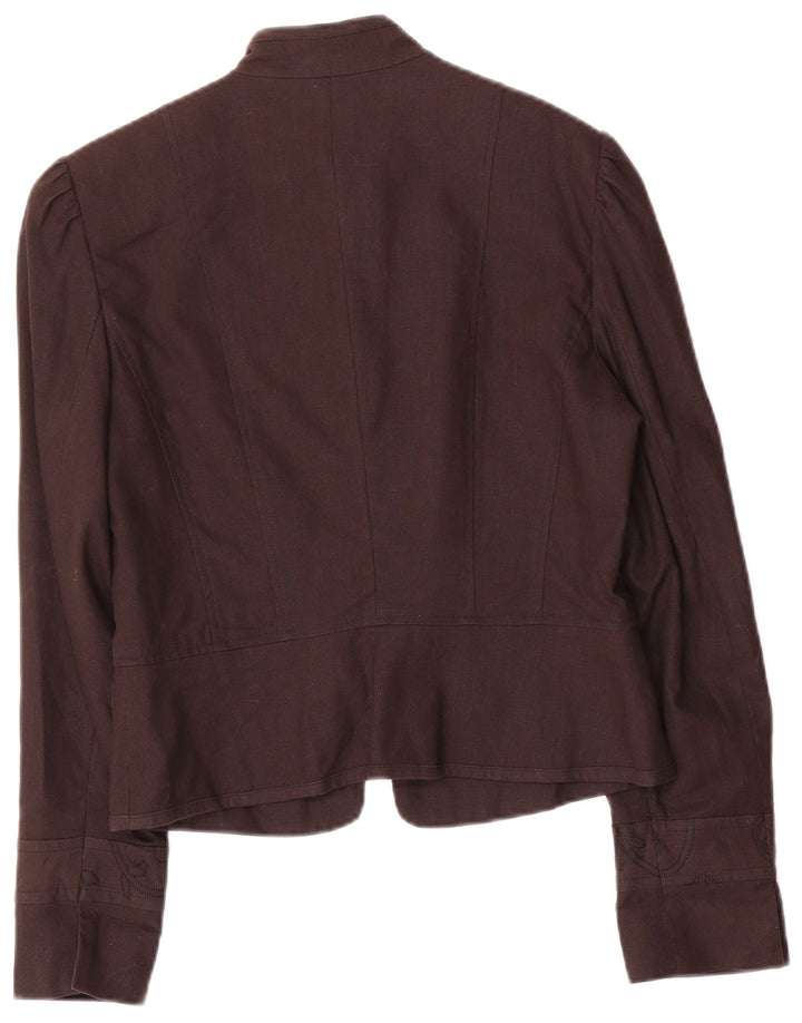 Vintage mujer 5 botones Blazer chaqueta Reino Unido 10 pequeño marrón floral lino