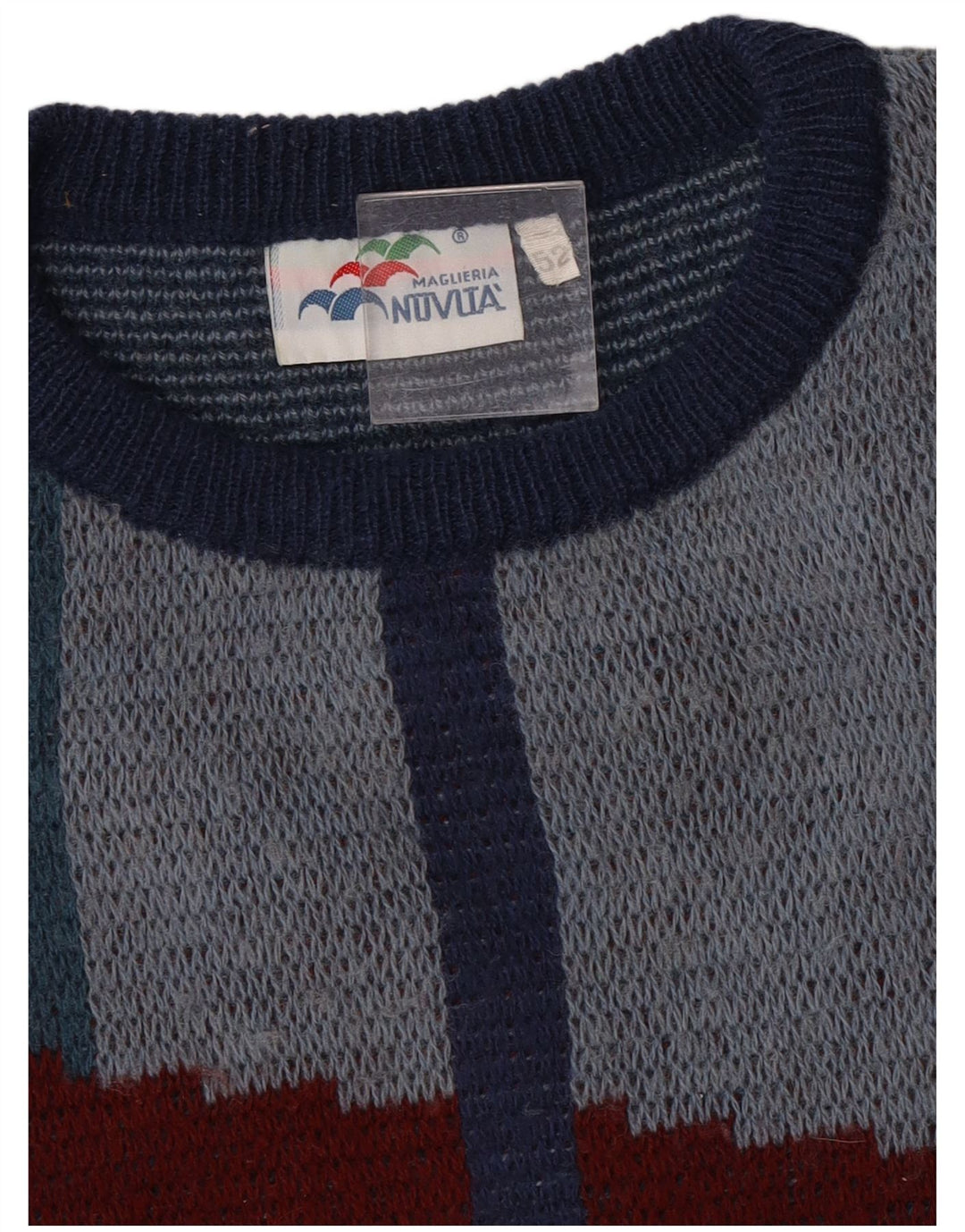 Vintage hombres barco cuello jumper suéter IT 52 grande azul geométrico