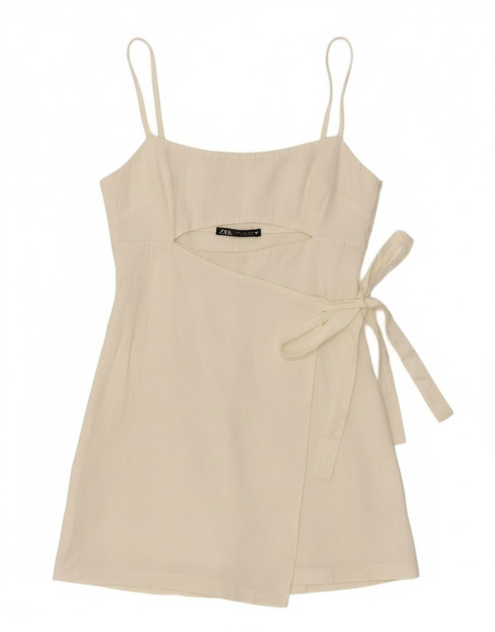 Zara Mujer Top Túnica Con Lazo Frontal UK 12 Medium White Lyocell