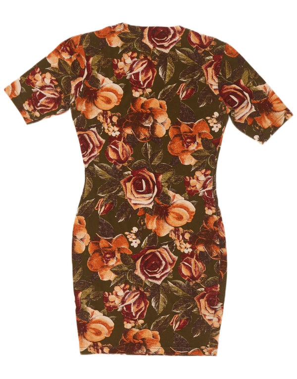 Vintage mujer bodycon vestido Reino Unido 8 pequeño caqui floral algodón