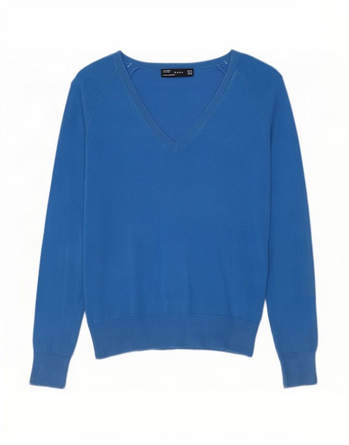 Zara - Jersey con cuello en V para mujer, talla 40, algodón azul medio
