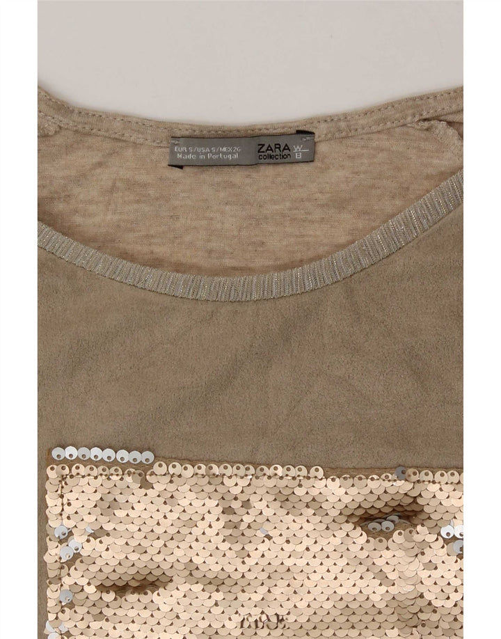 Zara Mujer Camiseta Gráfica Top UK 10 Small Beige