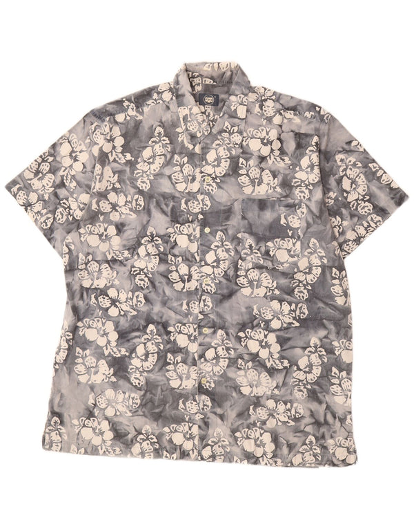 Vintage hombres camisa de manga corta 2XL gris floral algodón