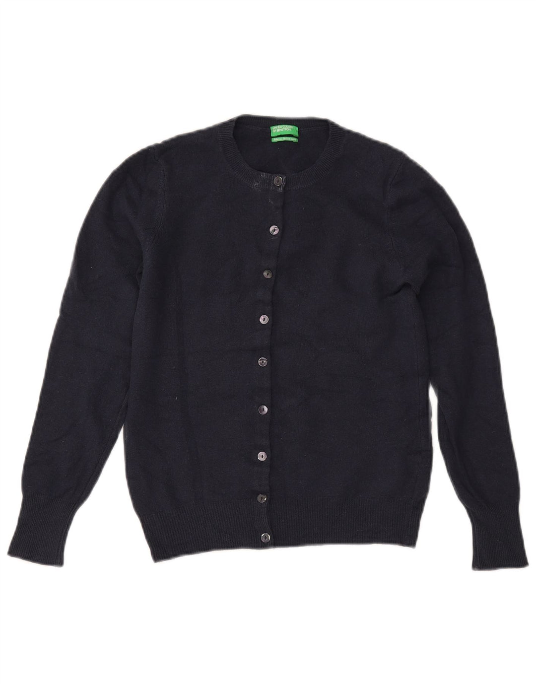 BENETTON Suéter tipo cárdigan corto para mujer UK 6 XS Lana merino azul marino