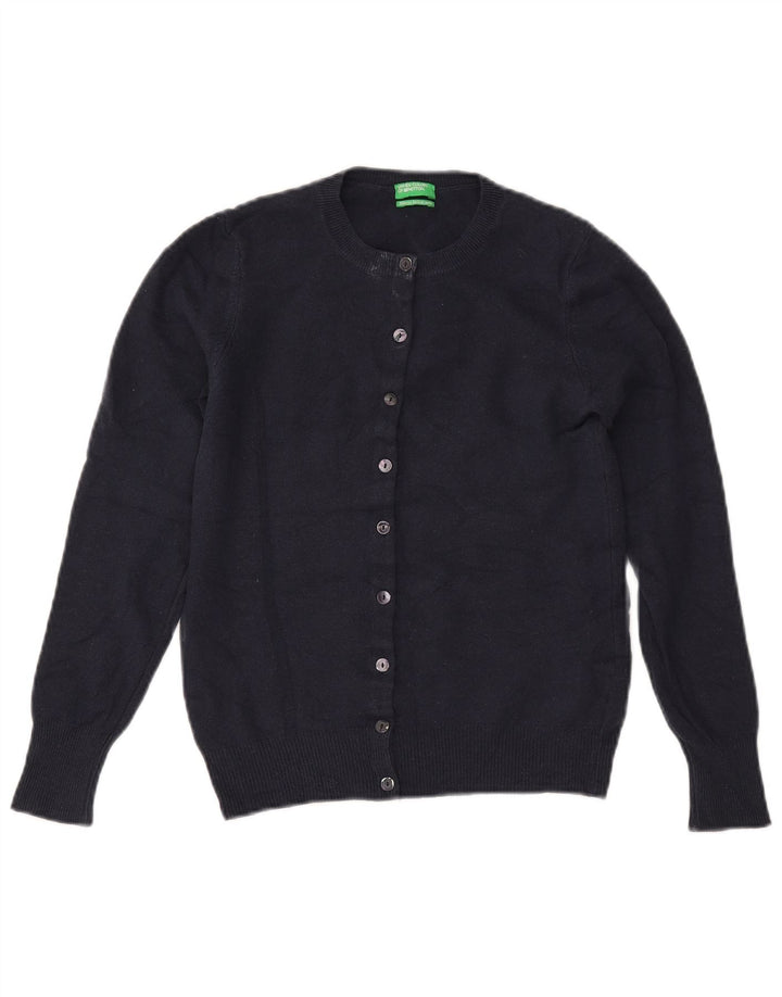 BENETTON Suéter tipo cárdigan corto para mujer UK 6 XS Lana merino azul marino