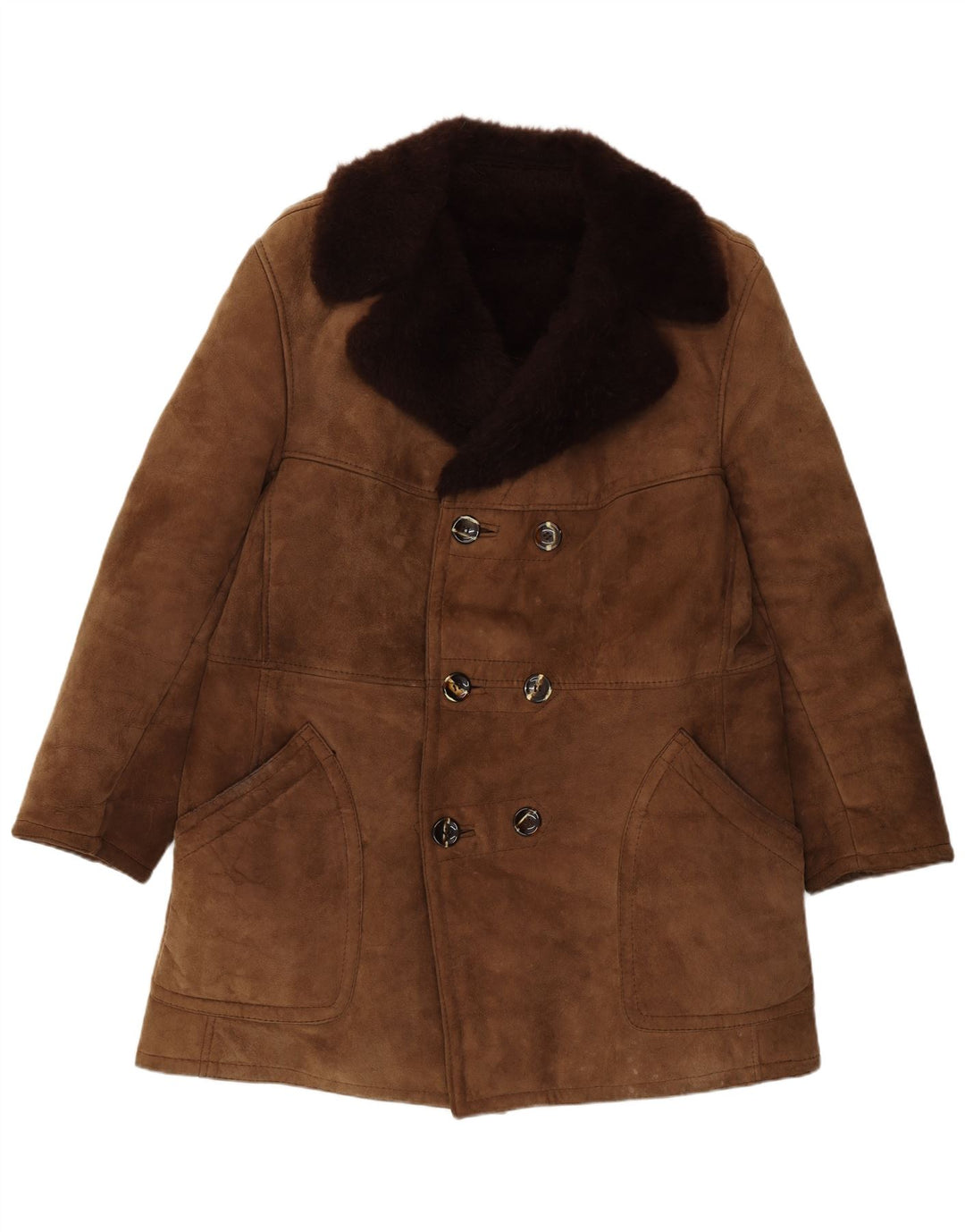 Vintage hombres shearling abrigo de doble pecho IT 54 2XL marrón shearling