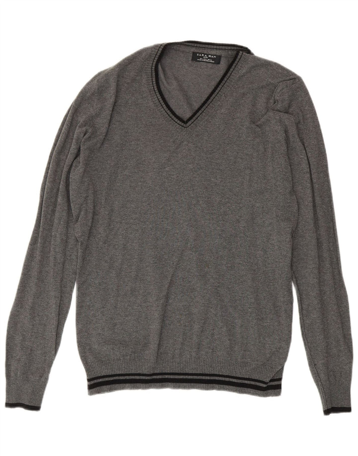 Zara Hombre Jersey Con Cuello En V Jersey Grande De Algodón A Rayas Gris