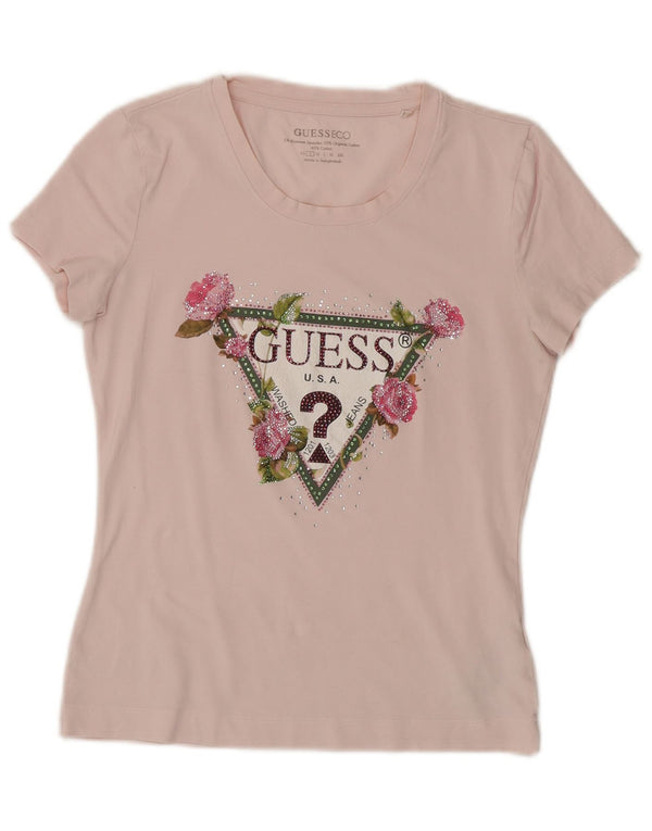 Guess Camiseta gráfica para mujer Top UK 10 Small Pink Floral Cotton