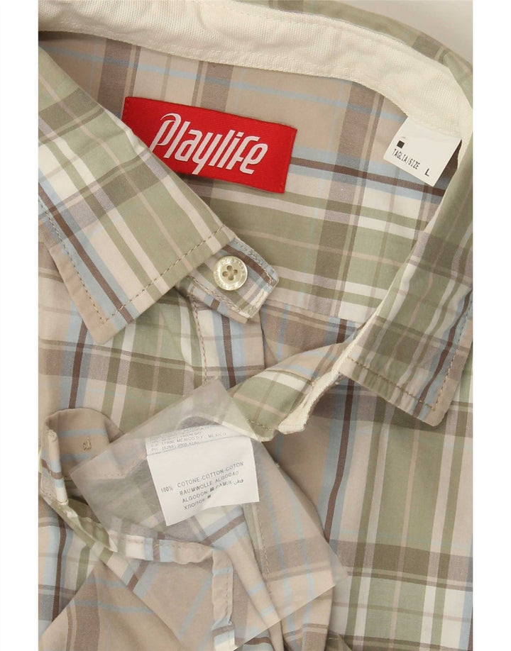 Playlife Camisa Hombre Grande Beige Cuadros Algodón