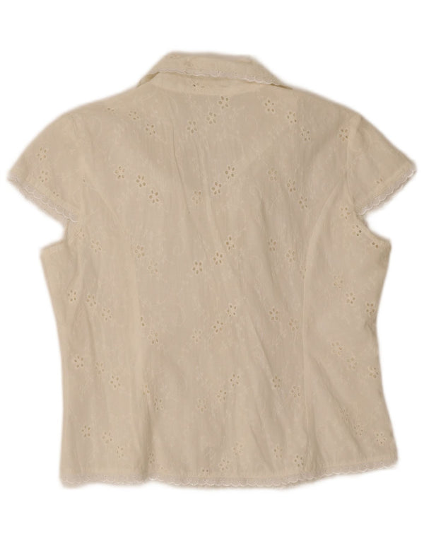 Vintage mujer camisa de manga corta blusa Reino Unido 12 algodón blanco medio