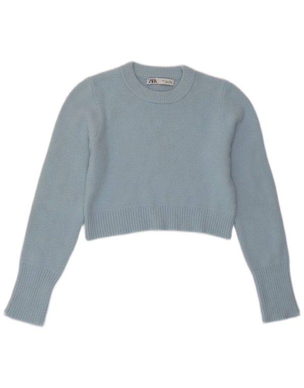 ZARA Mujer Crop Crew Neck Jumper Sweater UK 10 Small Azul Nylon