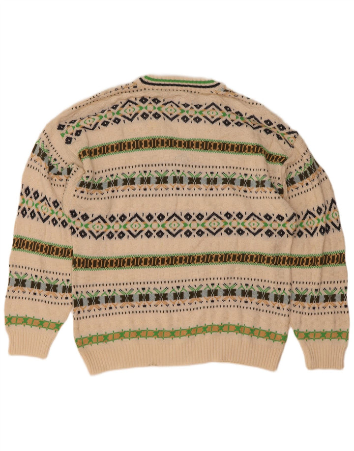 Vintage hombres V-cuello jumper suéter medio blanco algodón geométrico