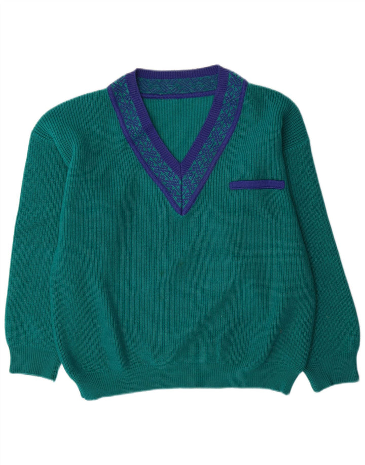 Vintage hombres V-cuello jumper suéter grande verde lana geométrica