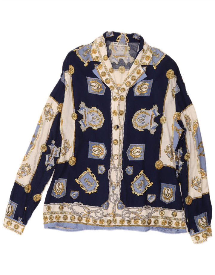 VINTAGE Mujer Patrón Abstracto Camisa Blusa Reino Unido 14 Azul Marino Medio