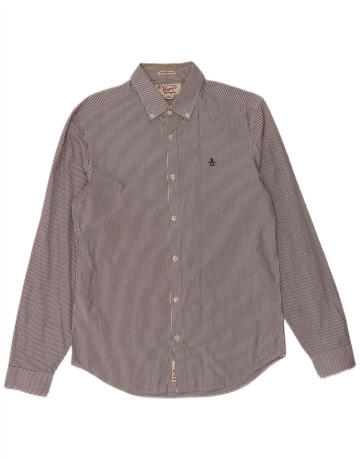 PENGUIN Camisa Heritage Slim Fit para hombre, talla pequeña, algodón a rayas azul marino