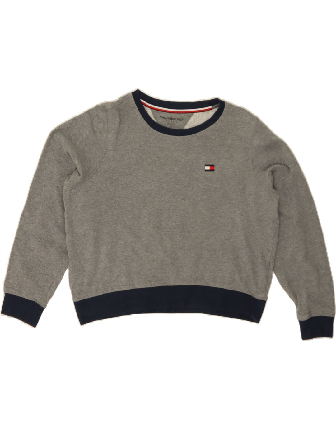 TOMMY HILFIGER Womens Crop Sweatshirt Jumper UK 14 Medium Grey Colourblock Vintage Tommy Hilfiger and Second-Hand Tommy Hilfiger from Messina Hembry 