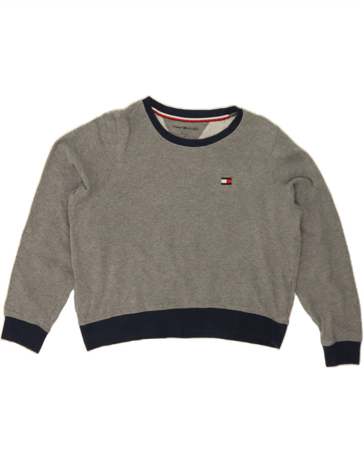 TOMMY HILFIGER Womens Crop Sweatshirt Jumper UK 14 Medium Grey Colourblock Vintage Tommy Hilfiger and Second-Hand Tommy Hilfiger from Messina Hembry 