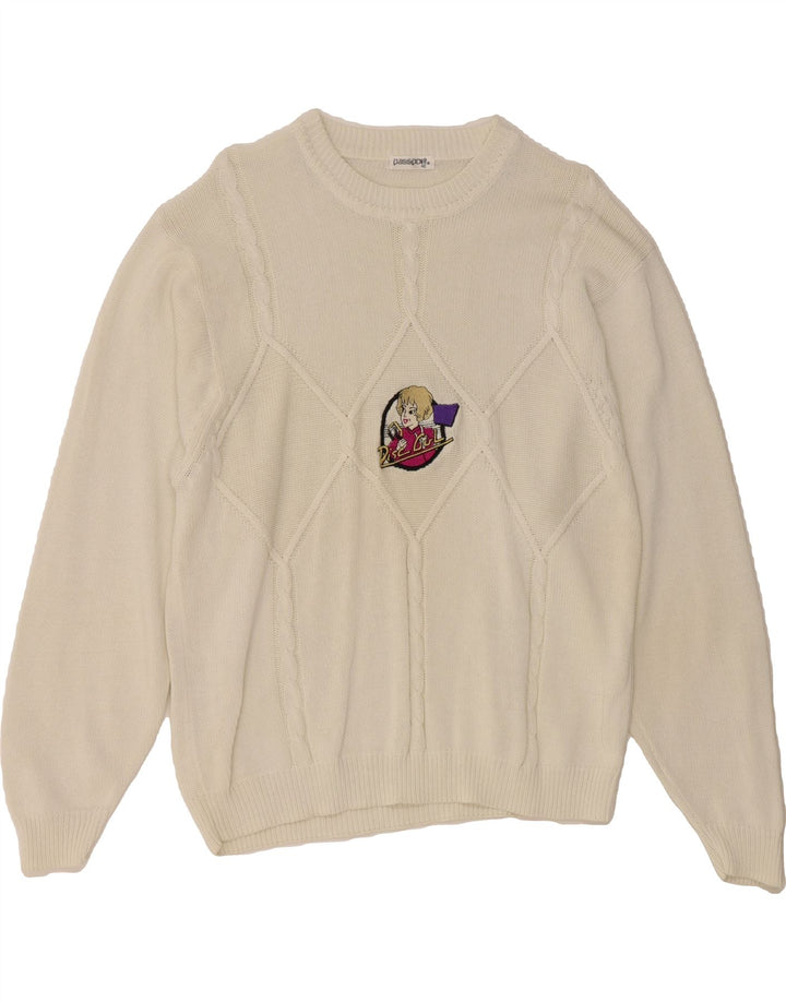 PASSPORTS Womens Crew Neck Jumper Sweater EU 40 Medium White Cotton Vintage Passports and Second-Hand Passports from Messina Hembry 