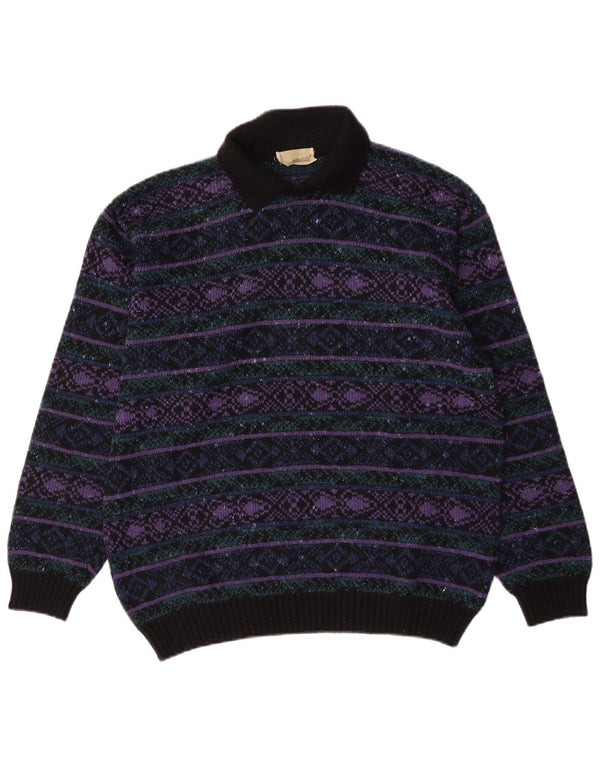 Jersey vintage con cuello tipo polo para hombre, suéter grande de lana Fair Isle multicolor