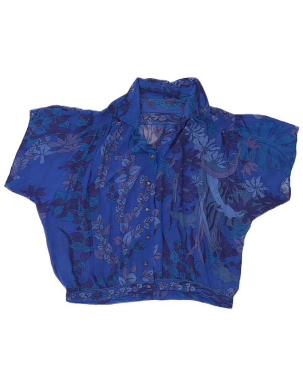 Vintage mujer ver a través de camisa de manga corta blusa Reino Unido 18 XL azul floral