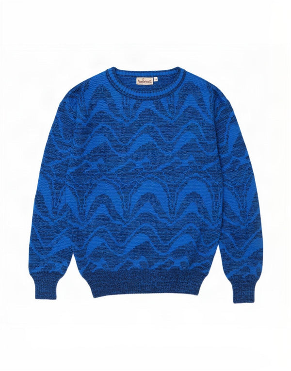 Vintage hombres cuello redondo jersey suéter IT 52 acrílico geométrico azul grande