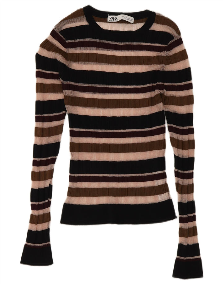 Zara Mujer Top Transparente Manga Larga UK 8 Small Multicolor Rayas