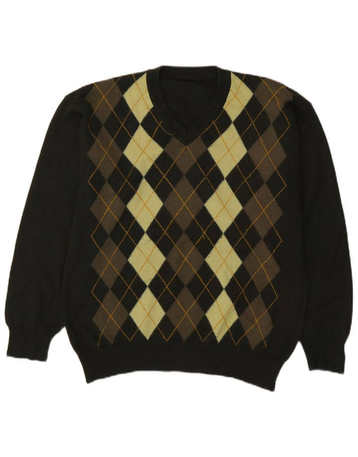 Vintage hombres V-cuello jumper suéter medio verde Argyle/Diamond