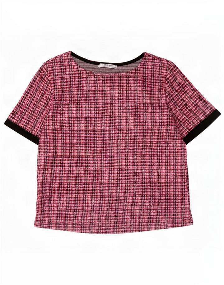 Zara Blusa corta para mujer UK 42 Poliéster a cuadros rosa medio
