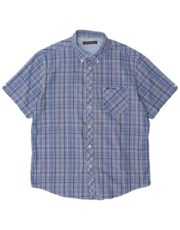 BEN SHERMAN Camisa Manga Corta Hombre XL Azul Cuadros Algodón
