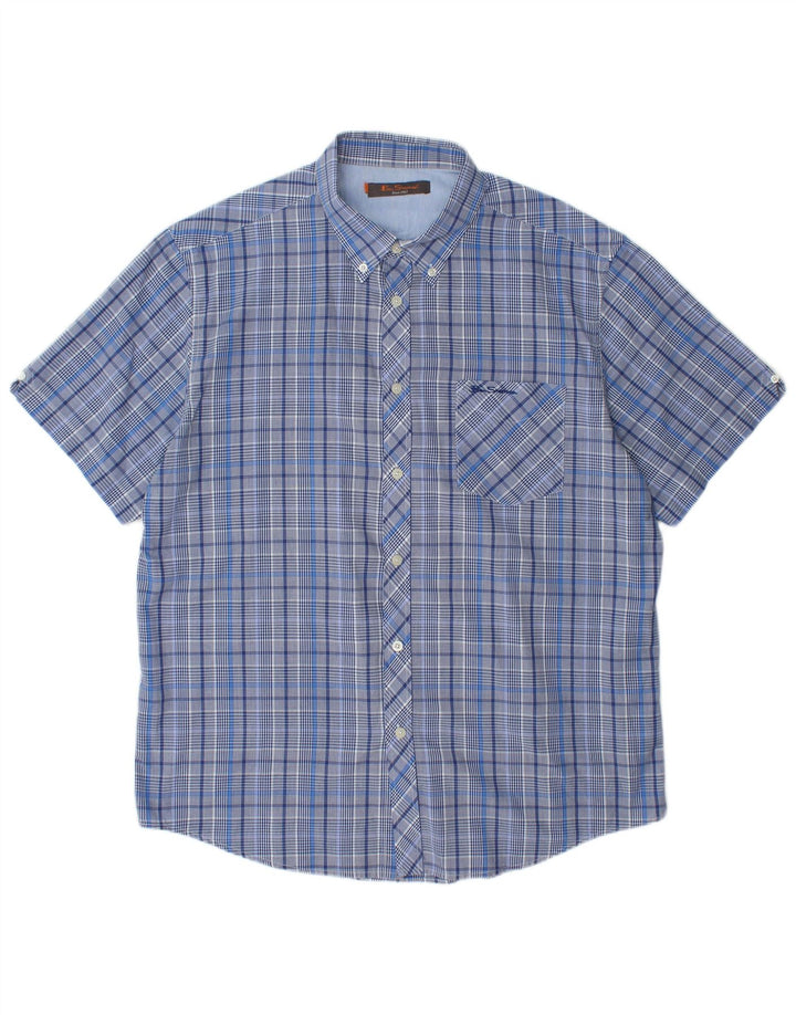 BEN SHERMAN Camisa Manga Corta Hombre XL Azul Cuadros Algodón