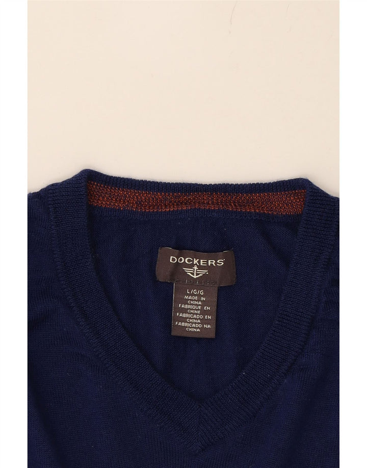 DOCKERS Mens V-Neck Jumper Sweater Large Navy Blue Wool Vintage Dockers and Second-Hand Dockers from Messina Hembry 