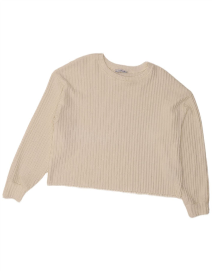 Zara - Jersey corto con cuello barco para mujer, talla 40, poliéster blanco mediano