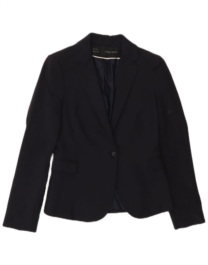 Zara Chaqueta Blazer De 1 Botón para Mujer UK 10 Small Azul Marino Algodón