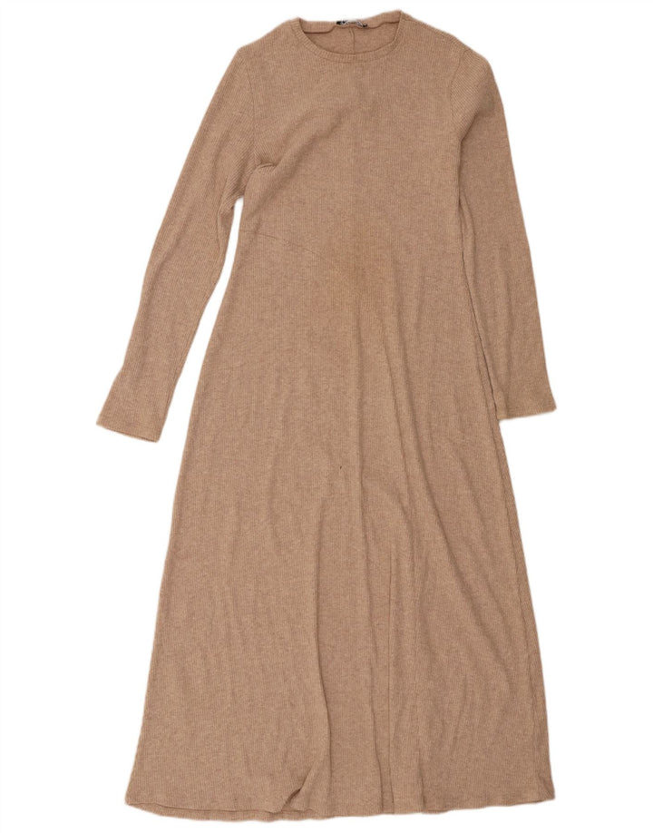 Zara Mujer Maxi Vestido De Manga Larga UK 42 Medio Beige
