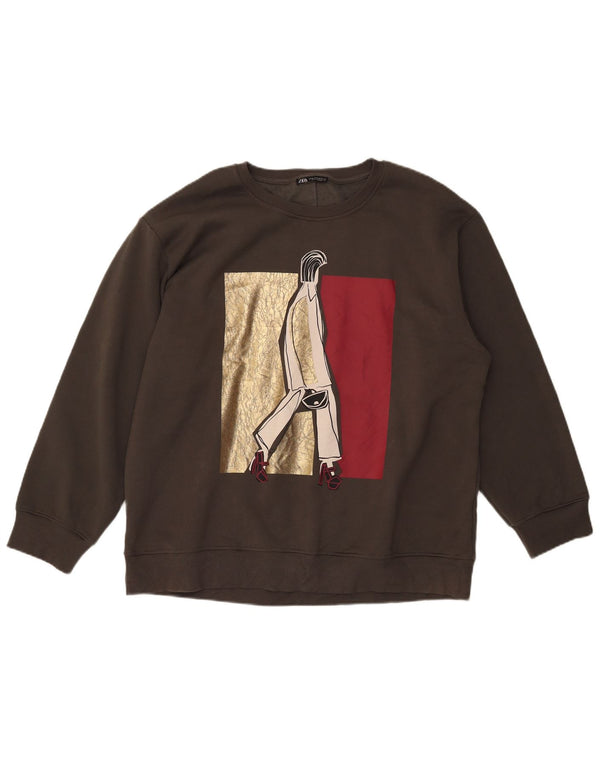 Zara Mujer Gráfico Sudadera De Gran Tamaño Jersey UK 18 XL Algodón Caqui
